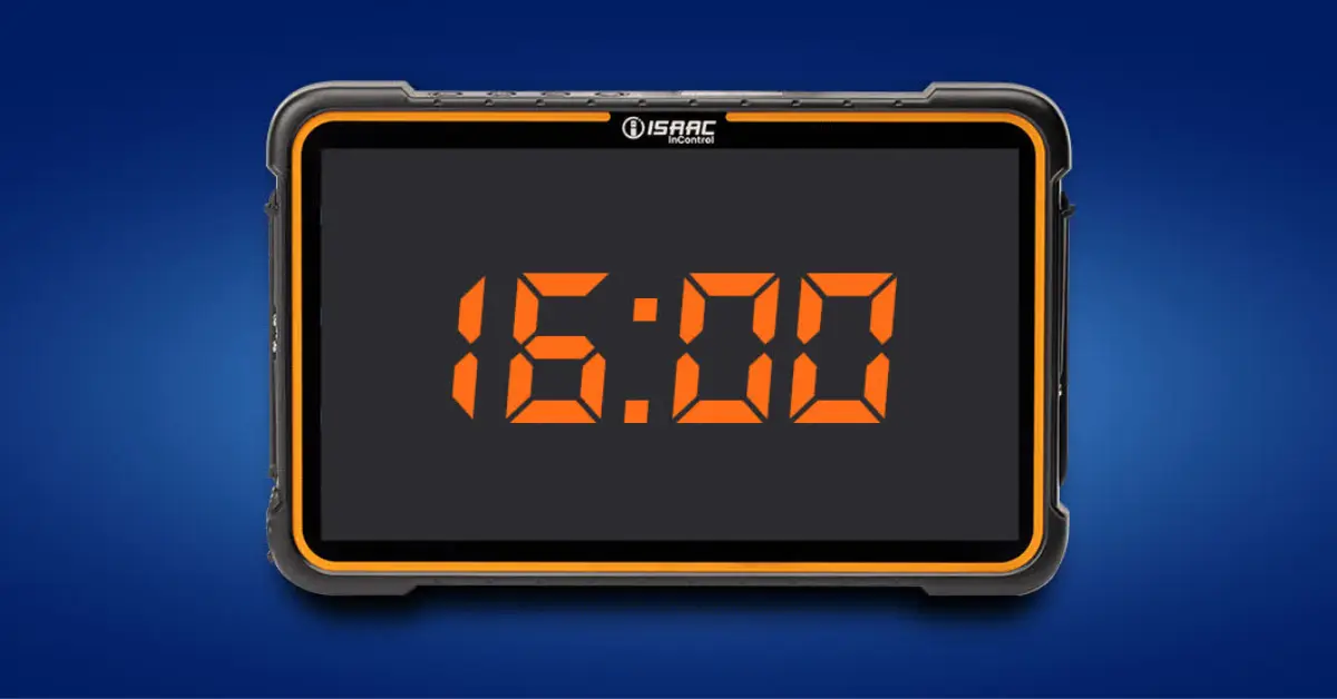 16-Hour Short-Haul Exemption Clock Display on ISAAC Device Digital tablet screen showing 16:00 on ISAAC InControl device, symbolizing the 16-hour short-haul exemption rule