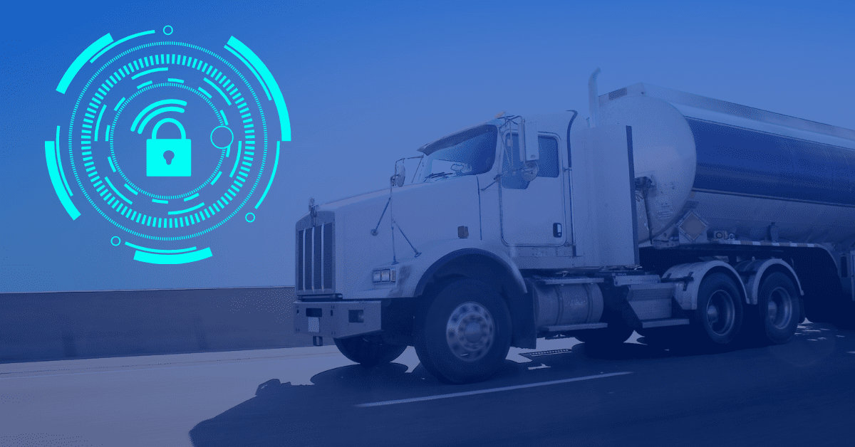 Cybersecurity Measures for Trucking Fleets White tanker truck on highway with digital cybersecurity lock icon overlay.