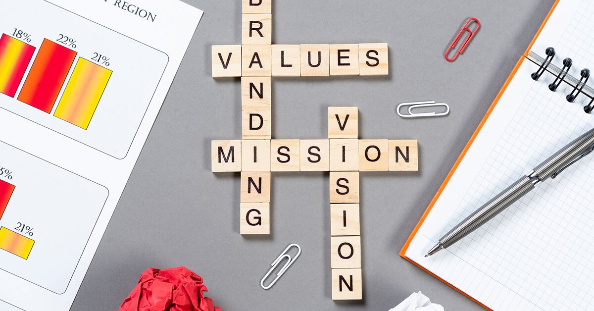 Brand value concept with words from cubes Concept image of brand values using Scrabble tiles, representing the importance of mission and vision in a company’s reputation.
